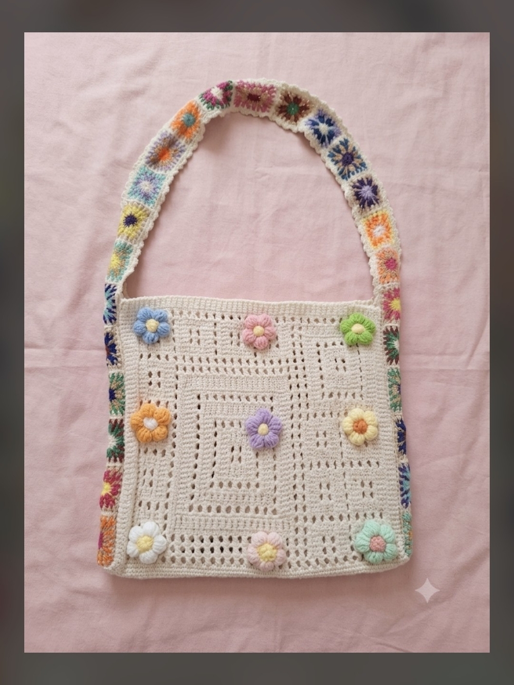 Cream Crochet Shoulder Bag with Multicolor Flower Appliqués